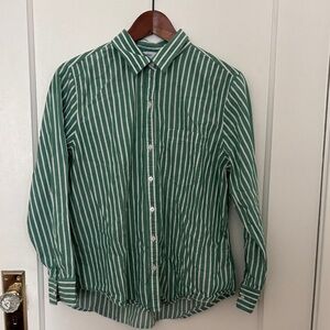 Old Navy Women's Green and White Striped Button Down Shirt